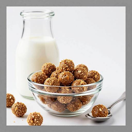 Photograph of a glass bowl filled with crunchy, brown sugar-coated balls, beside a spoon and milk bottle on white background.