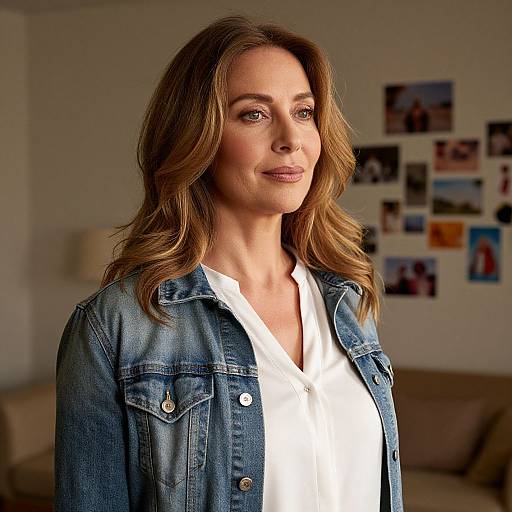 Photograph of a smiling, light-skinned woman with wavy brown hair, wearing a denim jacket over a white shirt, standing in a room with