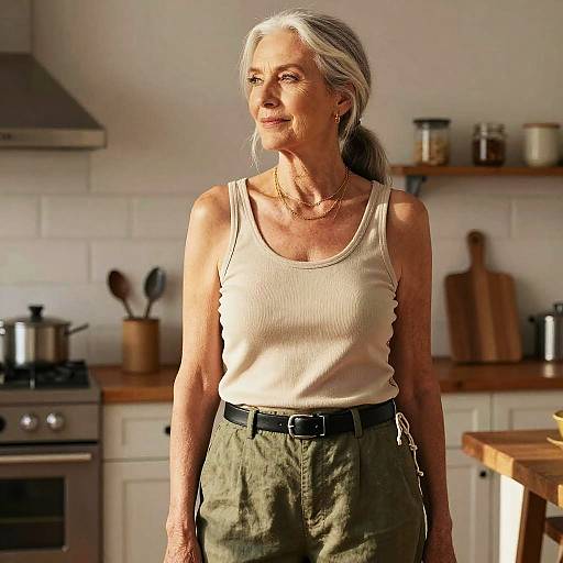 Photograph of an elderly woman with gray hair, wearing a white tank top, olive green pants, and a black belt, standing in a sunlit