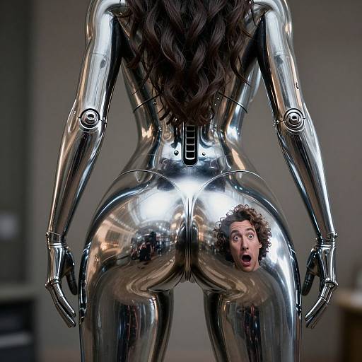 Photorealistic CGI of a woman with long curly hair in a shiny, metallic, robot-like bodysuit, with her surprised face reflected in her