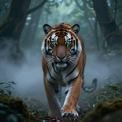 Digital artwork of a fierce tiger with glowing green eyes walking through a misty, dense forest, with lush greenery and tall trees in the background.
