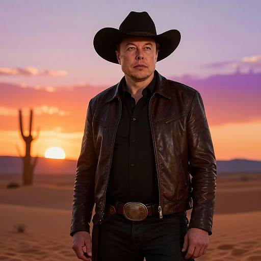 Photograph of a serious white man in a black leather jacket and hat, standing in a desert at sunset with a cactus in the background.