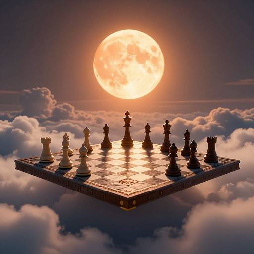 Photograph of a floating chessboard with black and white pieces, silhouetted against a bright orange full moon, surrounded by fluffy clouds.