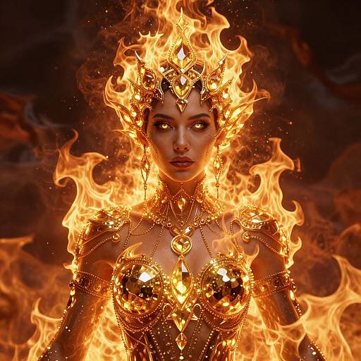 Digital artwork of a fiery-haired, golden-armored woman with intense eyes, flames engulfing her, wearing intricate jewelry, set against a dark background.