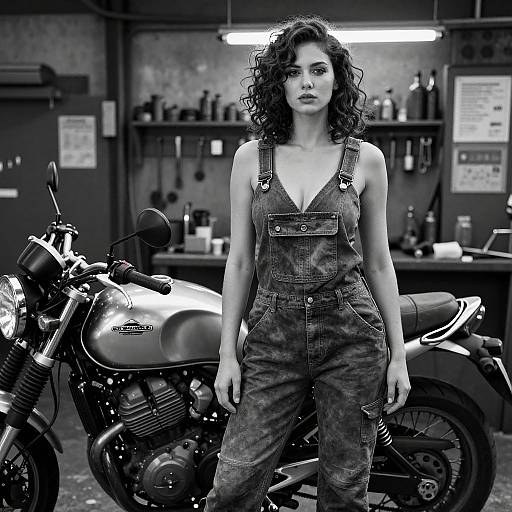 Black-and-white photograph of a curly-haired woman in denim overalls standing confidently in front of a vintage motorcycle in a cluttered workshop.