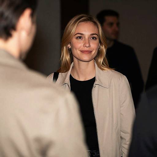 Smiling Blonde Woman in Beige Jacket