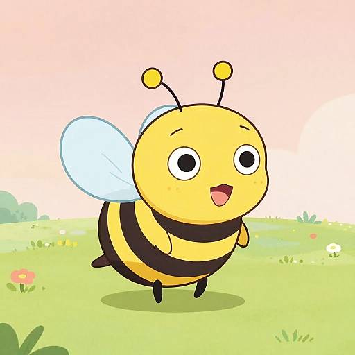 Cartoon bee with yellow body, black stripes, blue wings, and yellow antennae, smiling joyfully in a bright, sunny meadow.