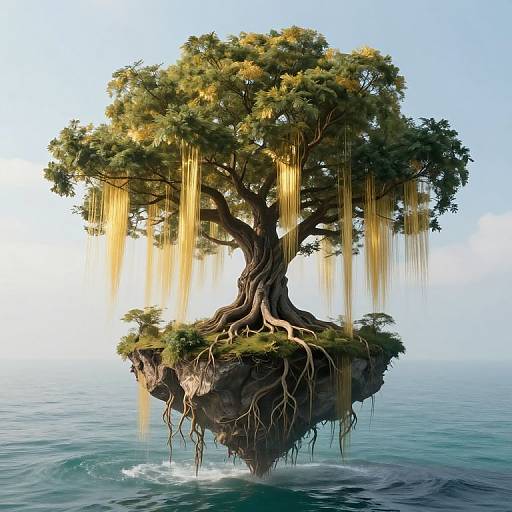 Digital artwork of a floating tree with cascading golden leaves, rooted on a rocky island above a serene ocean.