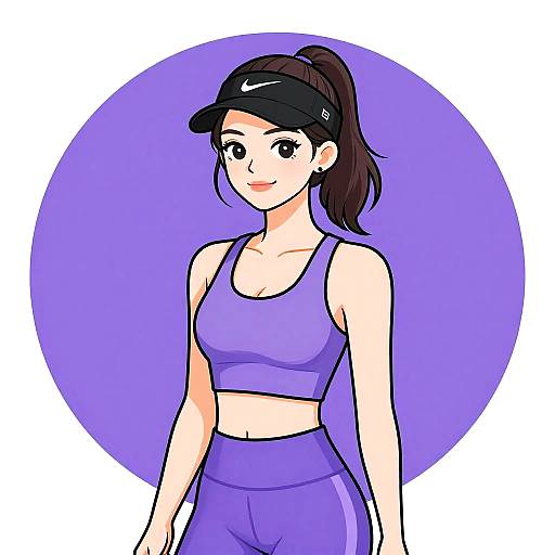 Digital anime-style illustration of a smiling young woman with fair skin, black hair in a ponytail, wearing a black Nike visor, purple sports bra