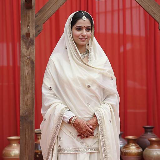 Photograph of an Indian bride in a white saree with gold embroidery, red bindi, and red bangles, standing against a red curtain with