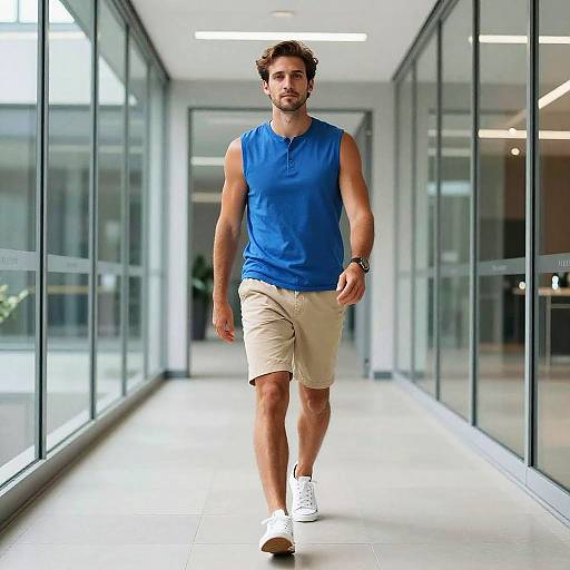 Photograph of a muscular, bearded man with curly brown hair walking in a modern glass-walled hallway. He wears a blue sleeveless shirt,