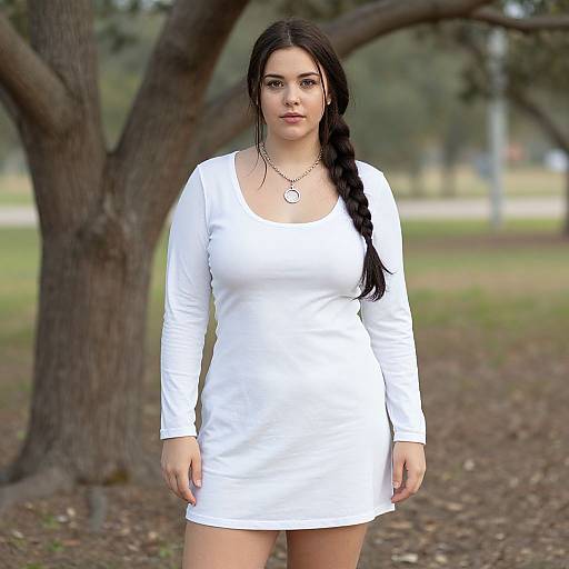 Photograph of a young woman with long black hair in a braid, wearing a white long-sleeve mini dress, standing in a park with