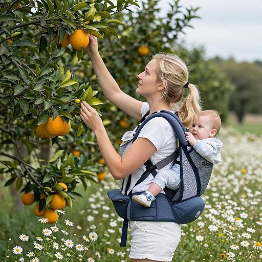 Blonde Woman with Baby in Floral Carrier