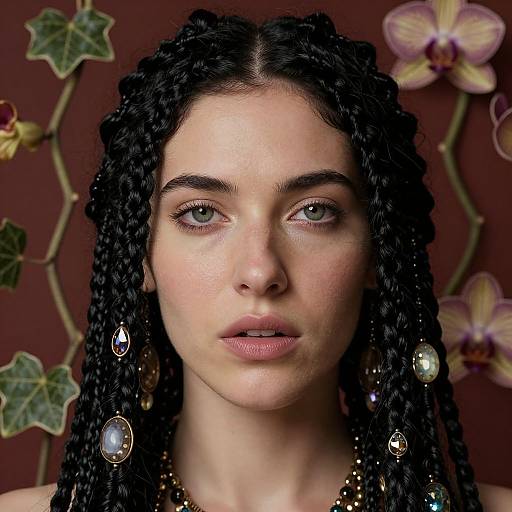 Photograph of a young woman with green eyes, fair skin, and black braided hair, wearing ornate earrings, against a maroon background with