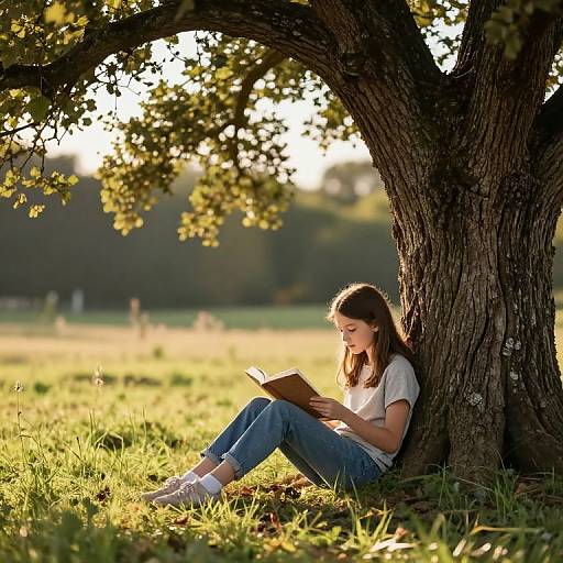 Photograph of a young woman with long brown hair, wearing a white T-shirt and blue jeans, sitting against a large tree, reading a book in