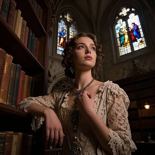 Photograph of a dark-haired woman in vintage lace dress, holding necklace, standing in dimly lit, Gothic-style library with stained glass windows.