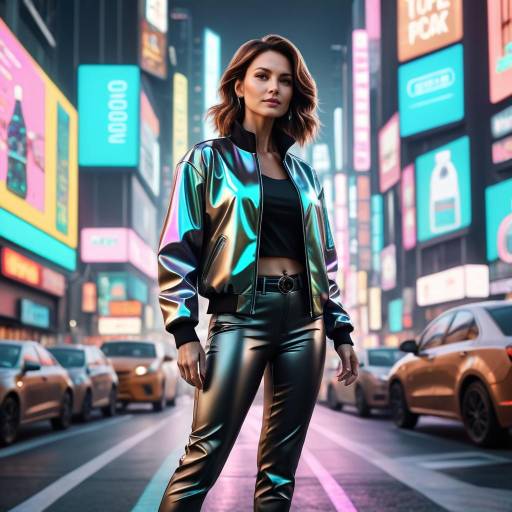 Stylish woman in shiny jacket in city street