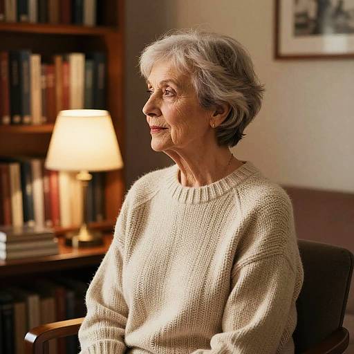 Photograph of an elderly woman with short gray hair, wearing a cream knit sweater, sitting in a warmly lit room with a bookshelf and lamp in