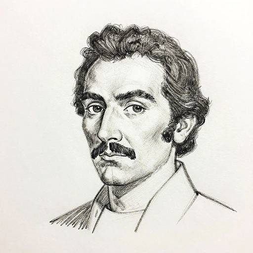 Black-and-white sketch of a man with curly hair, mustache, and serious expression, wearing a collared shirt, detailed cross-hatching style.
