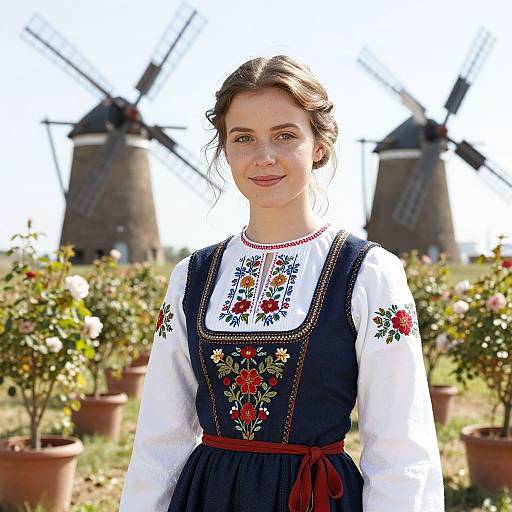 Photograph of a smiling young woman with brown hair in traditional German dress, embroidered floral patterns, standing in a sunny field with windmills and p