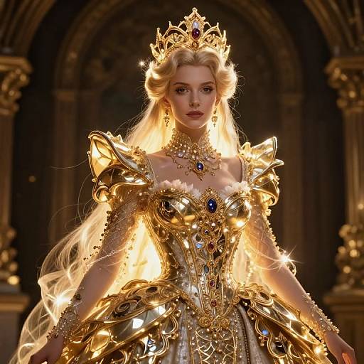 Digital art of a regal blonde queen in a glittering, golden ornate dress and crown, with glowing lights, in an arched, dark