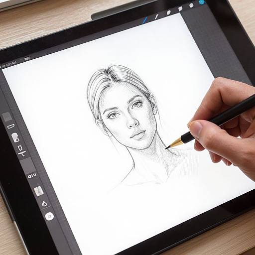 Hand drawing a black-and-white portrait on a tablet with a stylus, visible on the screen's digital canvas interface.