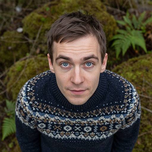 Photograph of a young man with short brown hair and blue eyes, wearing a dark patterned sweater, looking up with a slight smile, set against