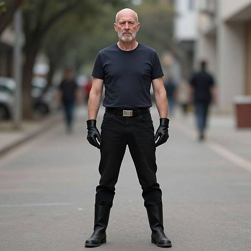 Photograph of a bald, bearded man in black t-shirt, pants, gloves, and boots, standing confidently on a blurred urban street.