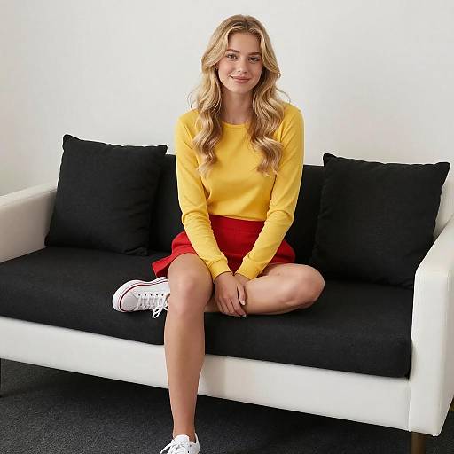 Young Woman on Black and White Couch