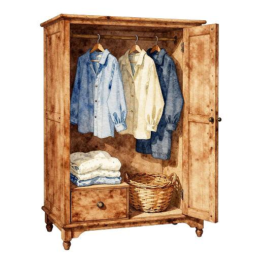 Watercolor Vintage Wooden Wardrobe Scene