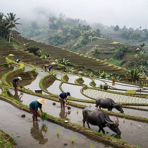 Photograph of five farmers, three bent over planting, two oxen in terraced rice paddies, lush green hills, palm trees, misty