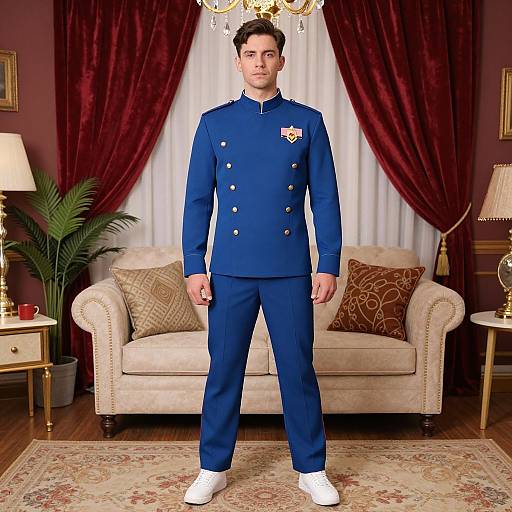 Photograph of a young man in a blue military-style uniform standing in an elegant living room with red curtains, beige sofa, and ornate decor.