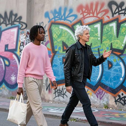 Two People Walking Past Graffiti Wall