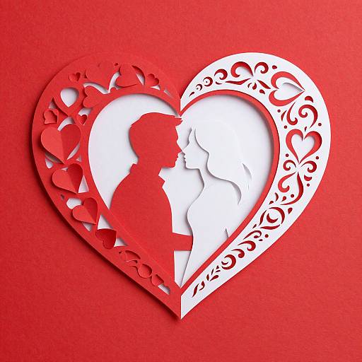 Red and white heart-shaped cutout with silhouette of couple kissing, surrounded by ornate swirls and heart patterns, on vibrant red background. Digital illustration