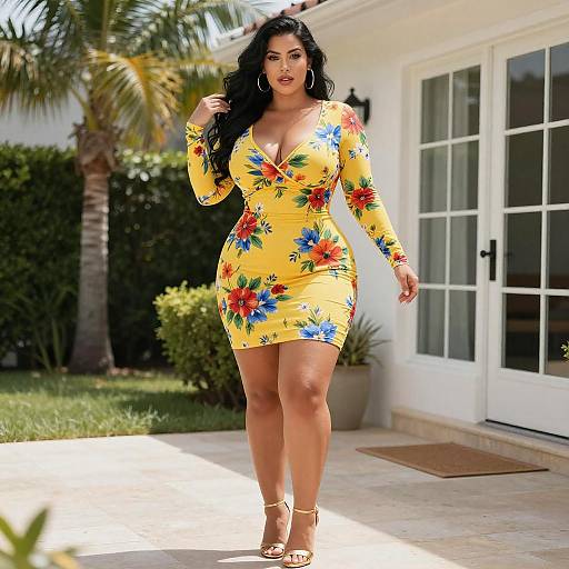 Curvy Woman in Floral Dress on Patio