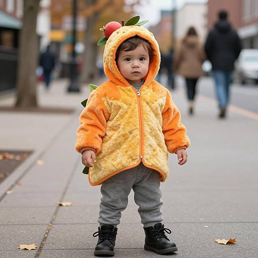 Toddler in Orange Taco Costume on Urban Sidewalk