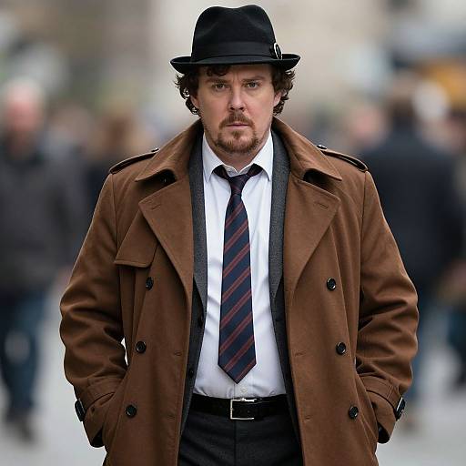 Photograph of a serious, bearded man in a brown coat, black hat, white shirt, and striped tie standing in a blurred urban crowd.