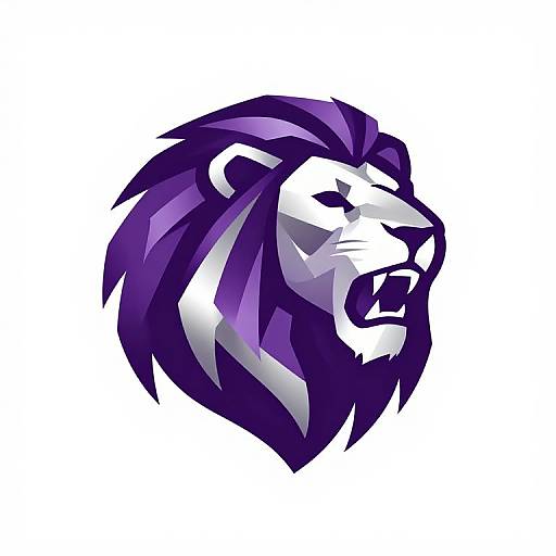 Digital illustration of a roaring white lion head with a vibrant purple mane, stylized in bold, geometric shapes against a plain white background.