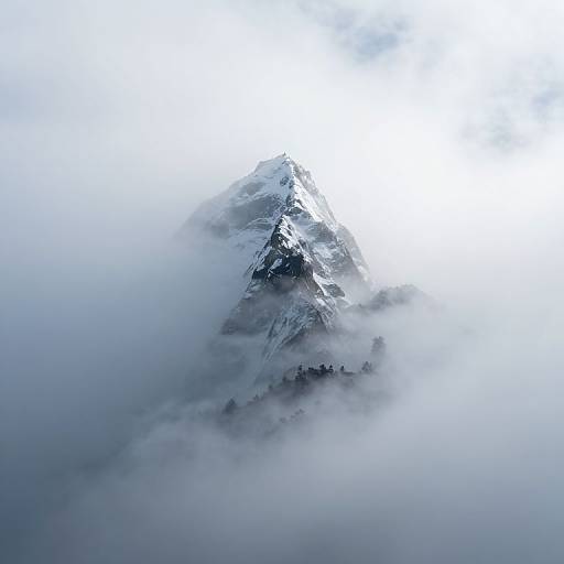 Photograph of a snow-capped mountain peak shrouded in thick, white mist, with bright, overexposed light at the top.