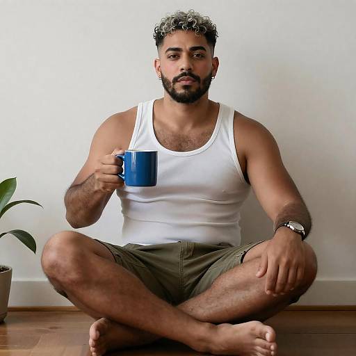 Muscular man holding blue mug sitting cross-legged indoors