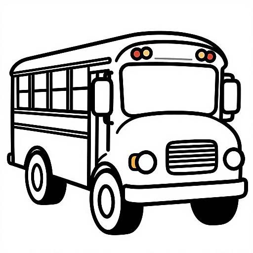 Stylized black-and-white digital drawing of a classic bus with round headlights, red tail and brake lights, and simple lines.