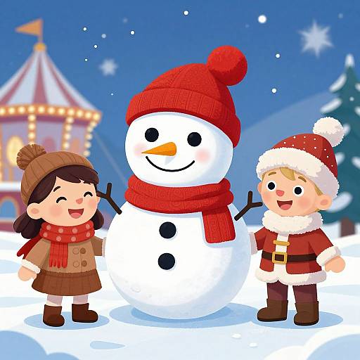 Cartoon image of two children, one girl and one boy, smiling beside a snowman in red hat and scarf, in a snowy night scene with