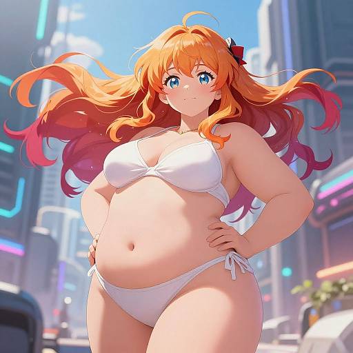 Digital anime-style illustration of a curvy, orange-haired woman with blue eyes in a white bikini, standing confidently in a neon-lit city street.