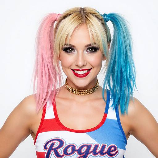 Photograph of a smiling woman with blonde hair in pink and blue pigtails, wearing a red, white, and blue 