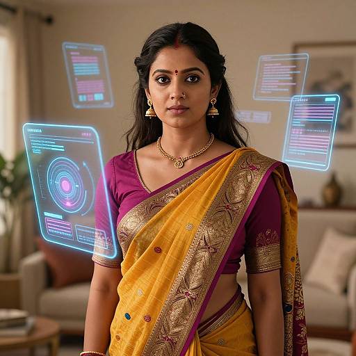 Photograph of a South Asian woman in a yellow and maroon traditional sari, adorned with gold embroidery, standing indoors with floating digital holograms.