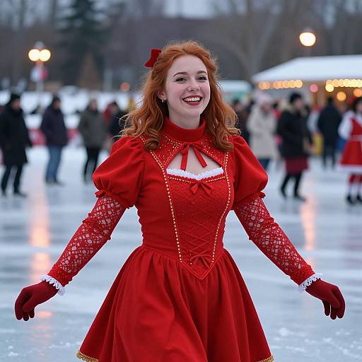 Photograph of a smiling red-haired woman in a vintage red lace dress with puffed sleeves, skating on an outdoor ice rink at night, surrounded