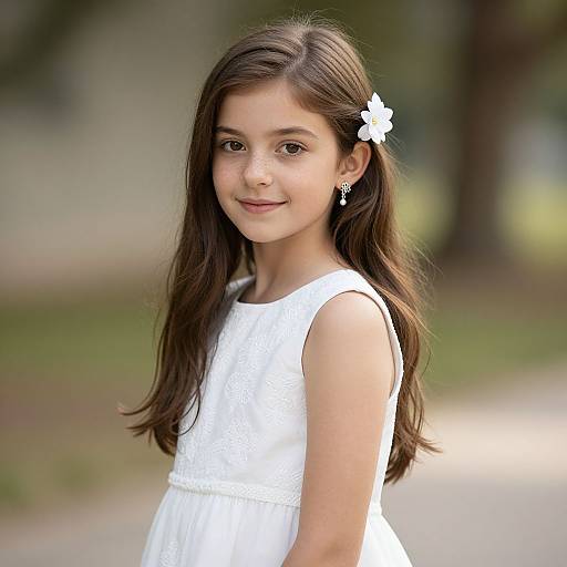 Photograph of a young girl with long brown hair, wearing a white dress and flower hairpin, smiling in a blurred park background.