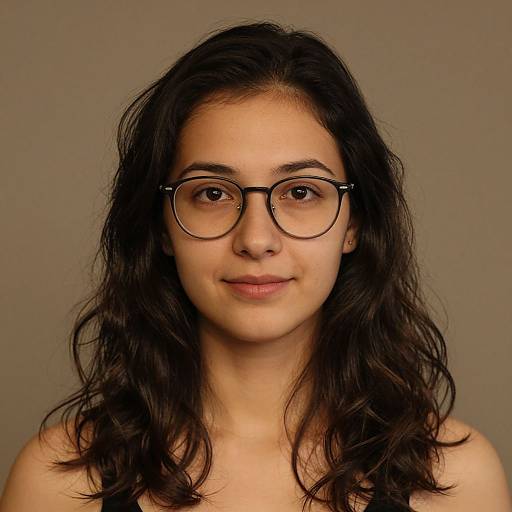 Photograph of a young woman with long, wavy dark brown hair, wearing round black glasses, and a neutral expression, against a plain beige background