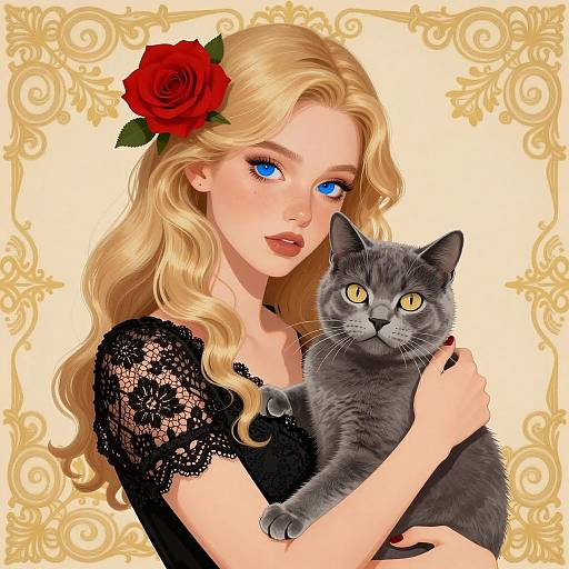Elegant Woman with Cat and Rose