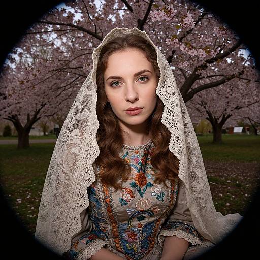 Photograph of a young woman with fair skin, brown wavy hair, and blue eyes, wearing a lace veil and intricate embroidered dress, seated in